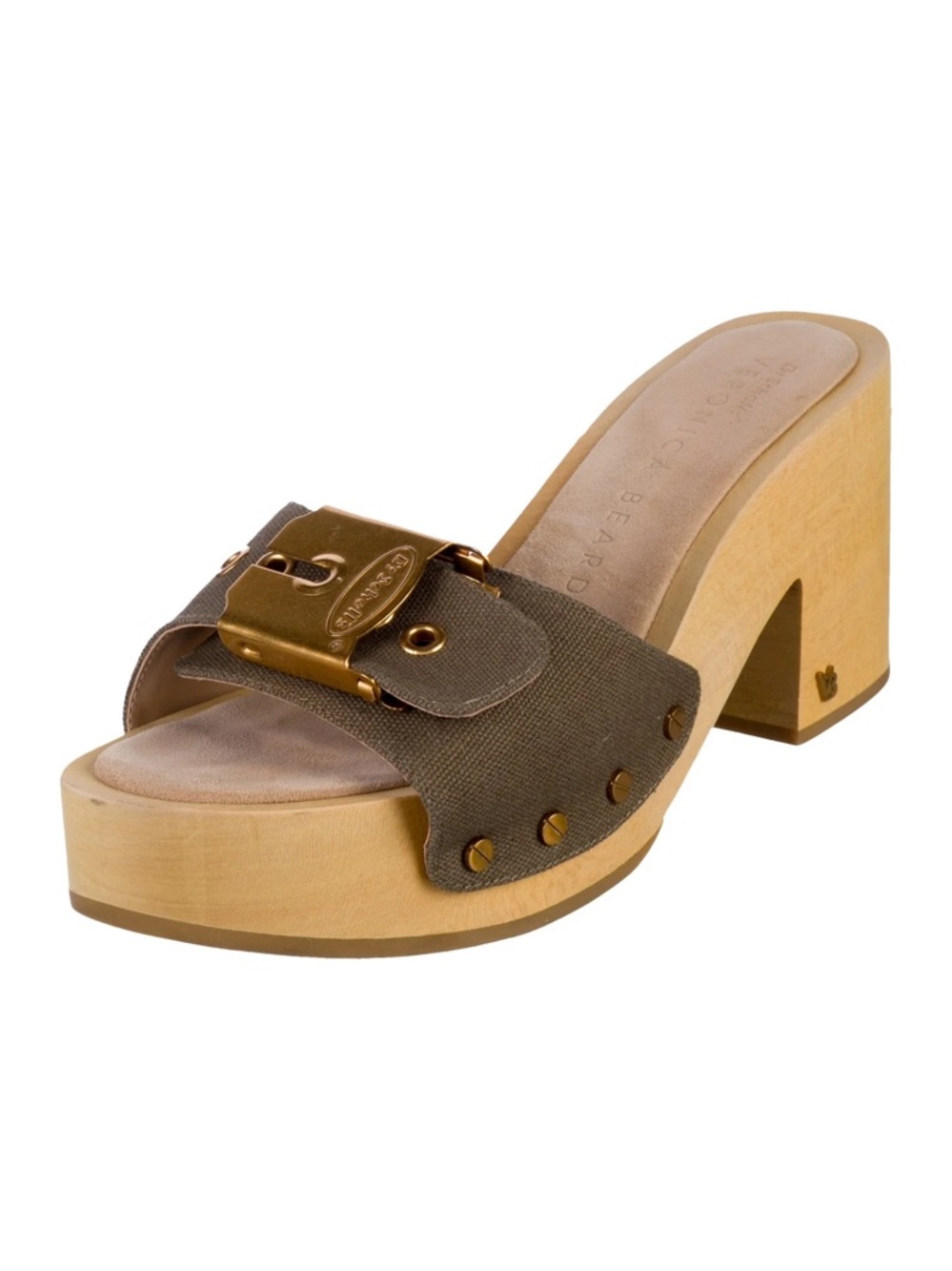 Veronica Beard Olive Canvas Slide Sandal with Gold Buckle